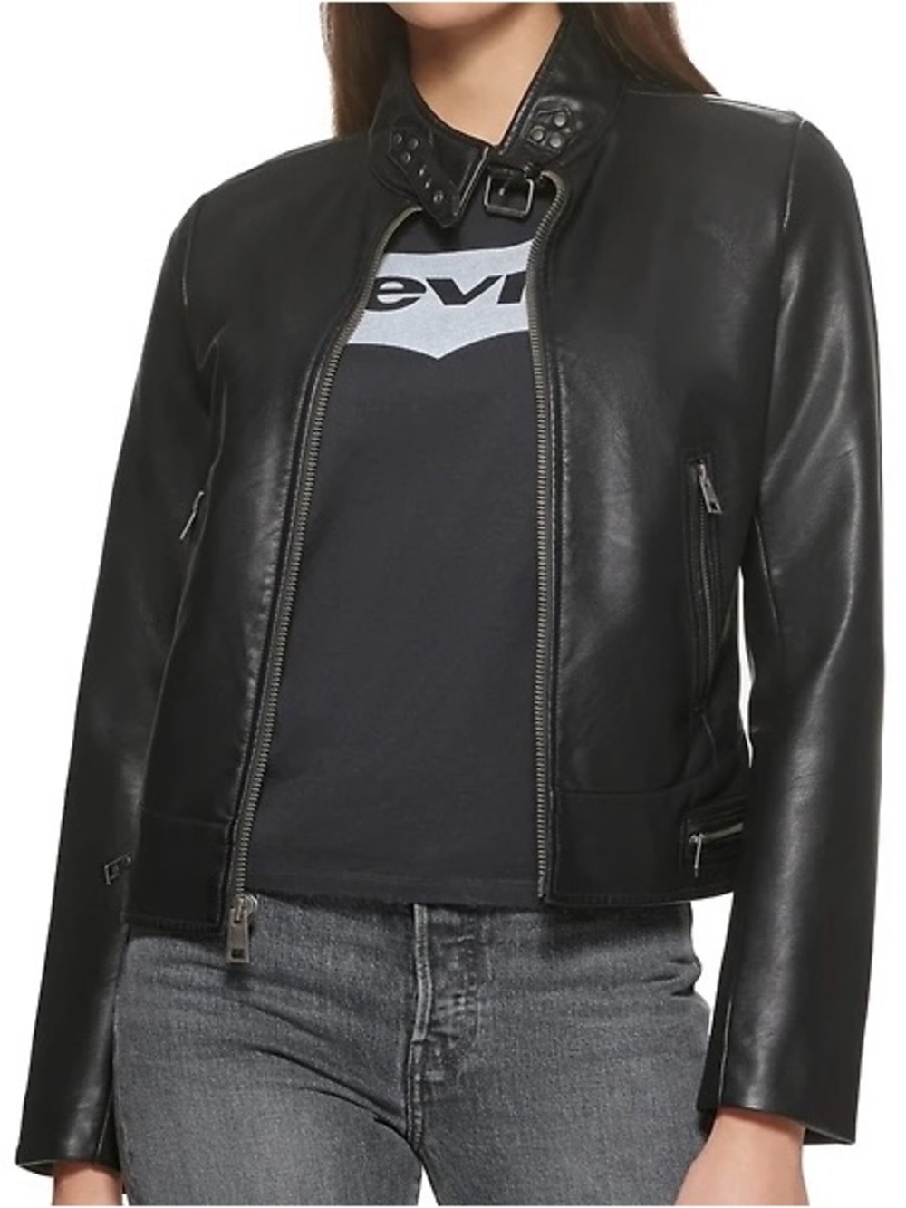 Levi’s Women's Black Faux Leather Latch Collar Racer Jacket • Size XL